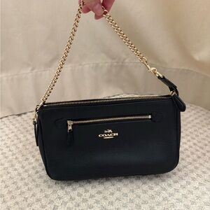 Coach Black Pebbled Leather Shoulder Clutch with Gold Chain Strap